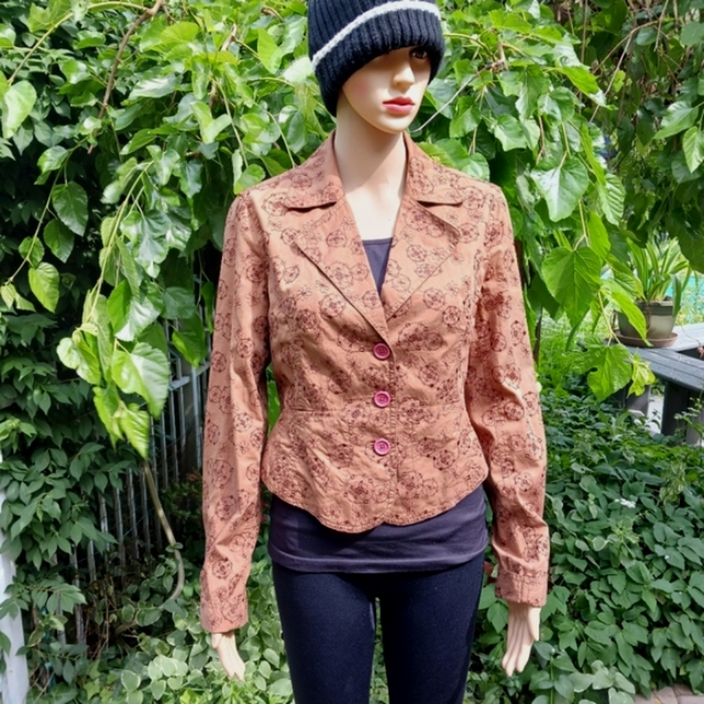 DKNY JEANS Light Brown Cotton Eyelet Notched Lapel Cropped Jacket Like N… - Picture 2 of 15